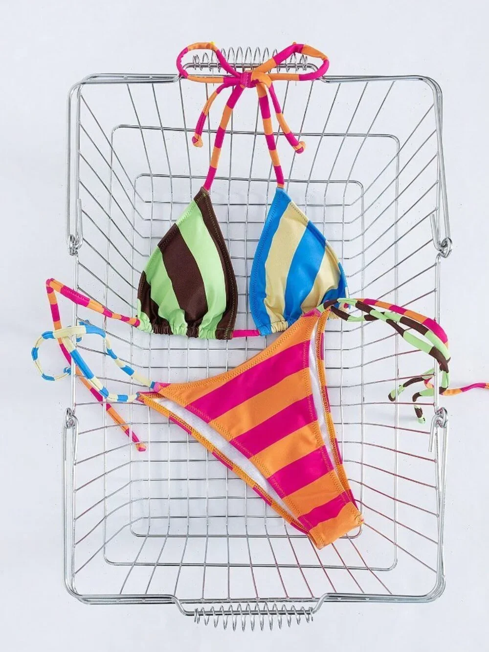 Multicolor Chic Striped Print Women's Two-Piece Halter Tie Bikini